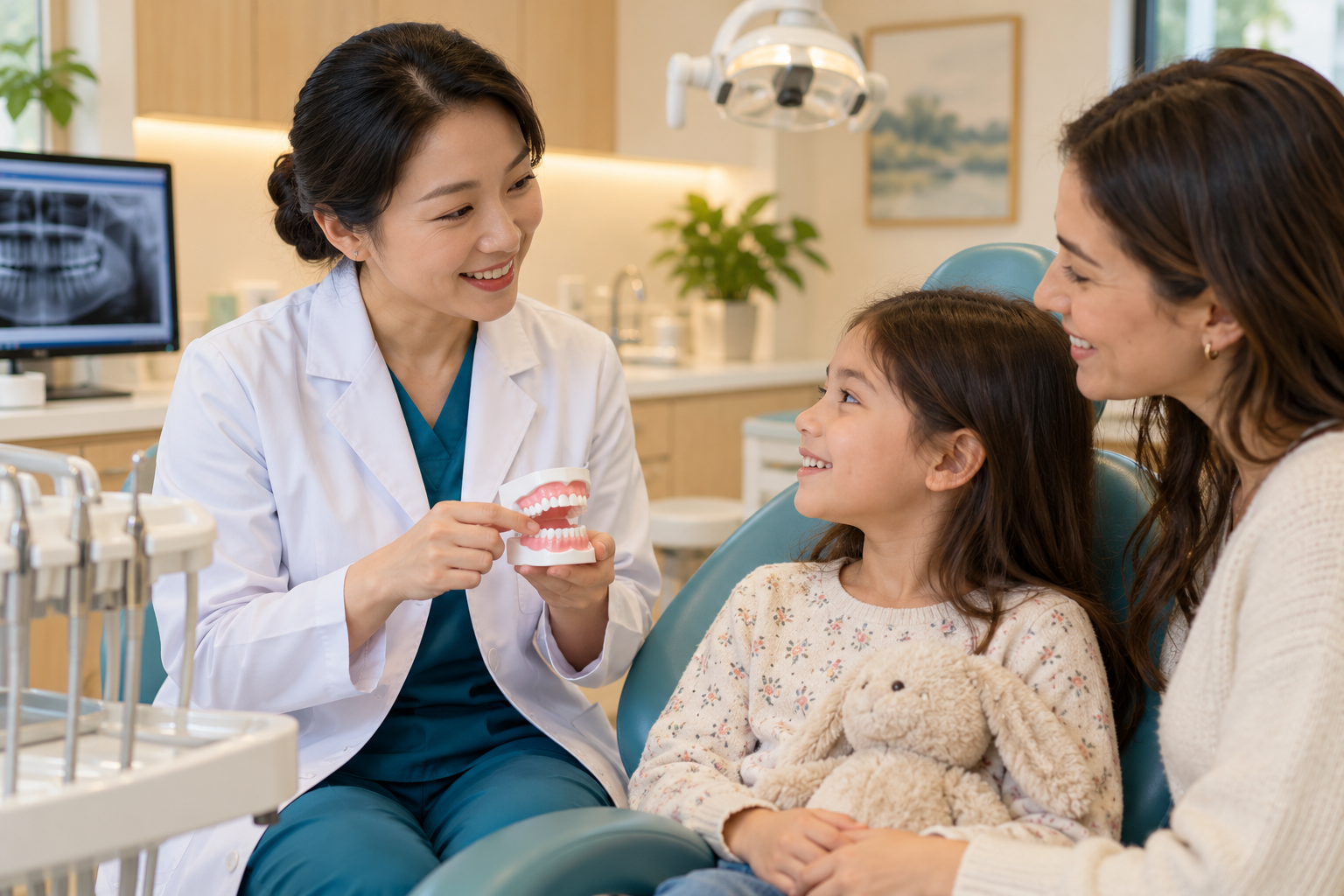 Illustrative dental consultation with a child and dentist