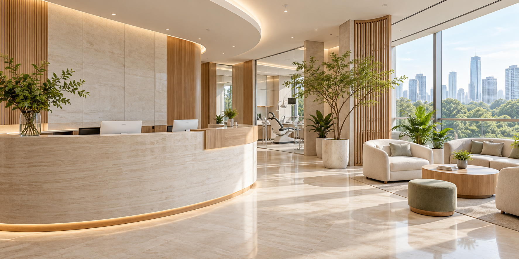 Illustrative bright dental clinic reception interior