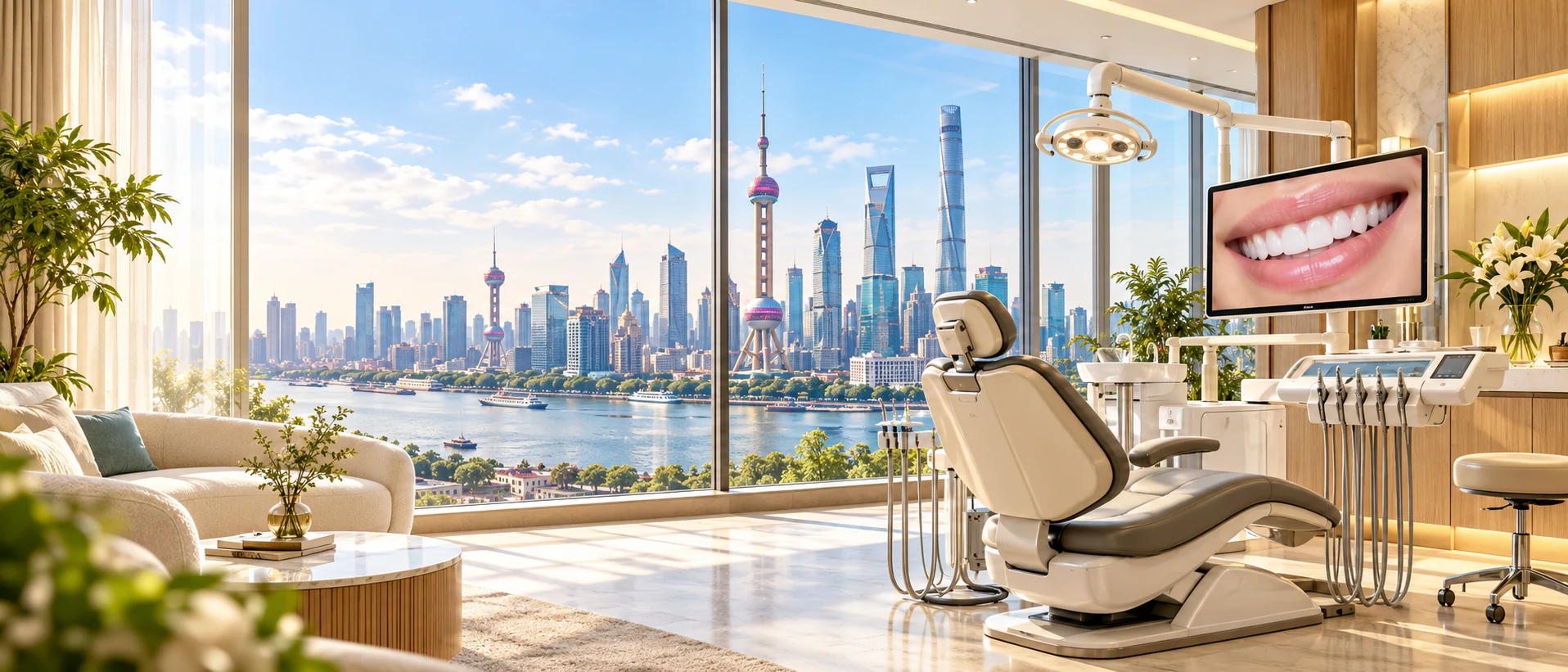 Modern dental clinic overlooking the Shanghai skyline
