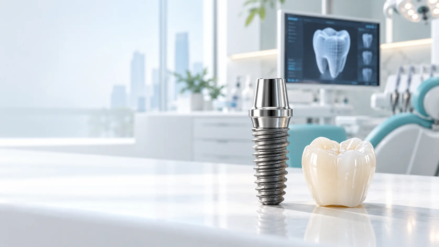 Dental implant, ceramic crown and digital planning screen