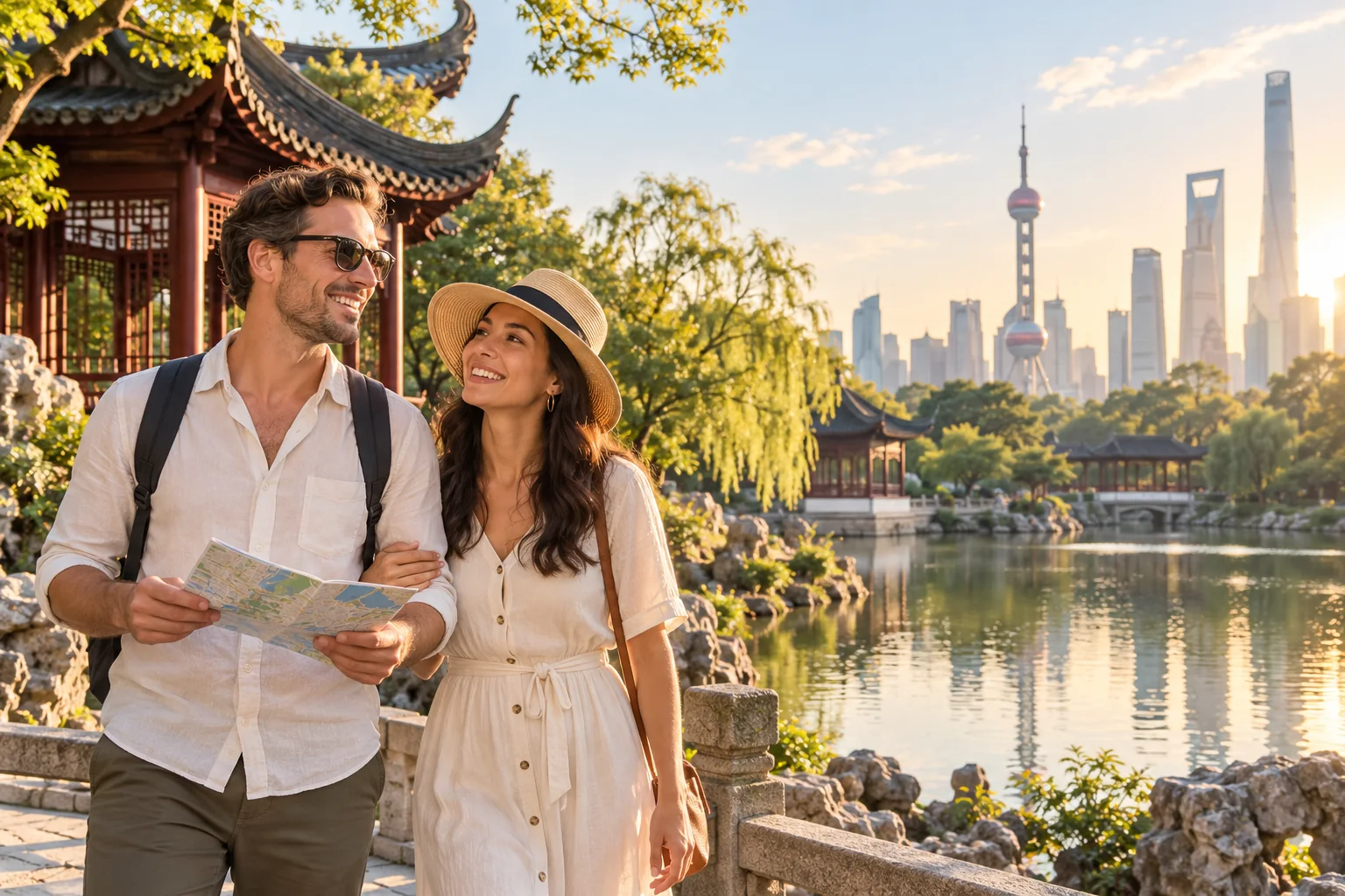 International travellers enjoying a Shanghai garden