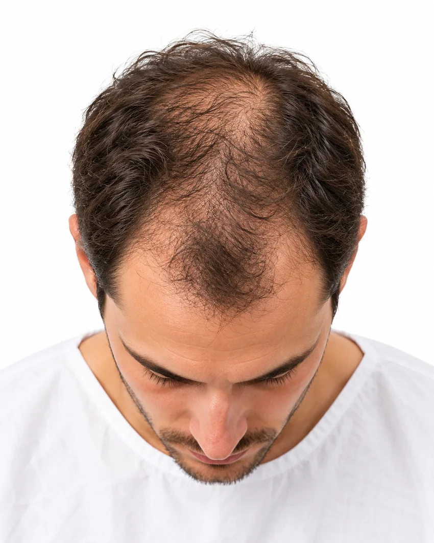Illustrative top view of a man with thinning hair