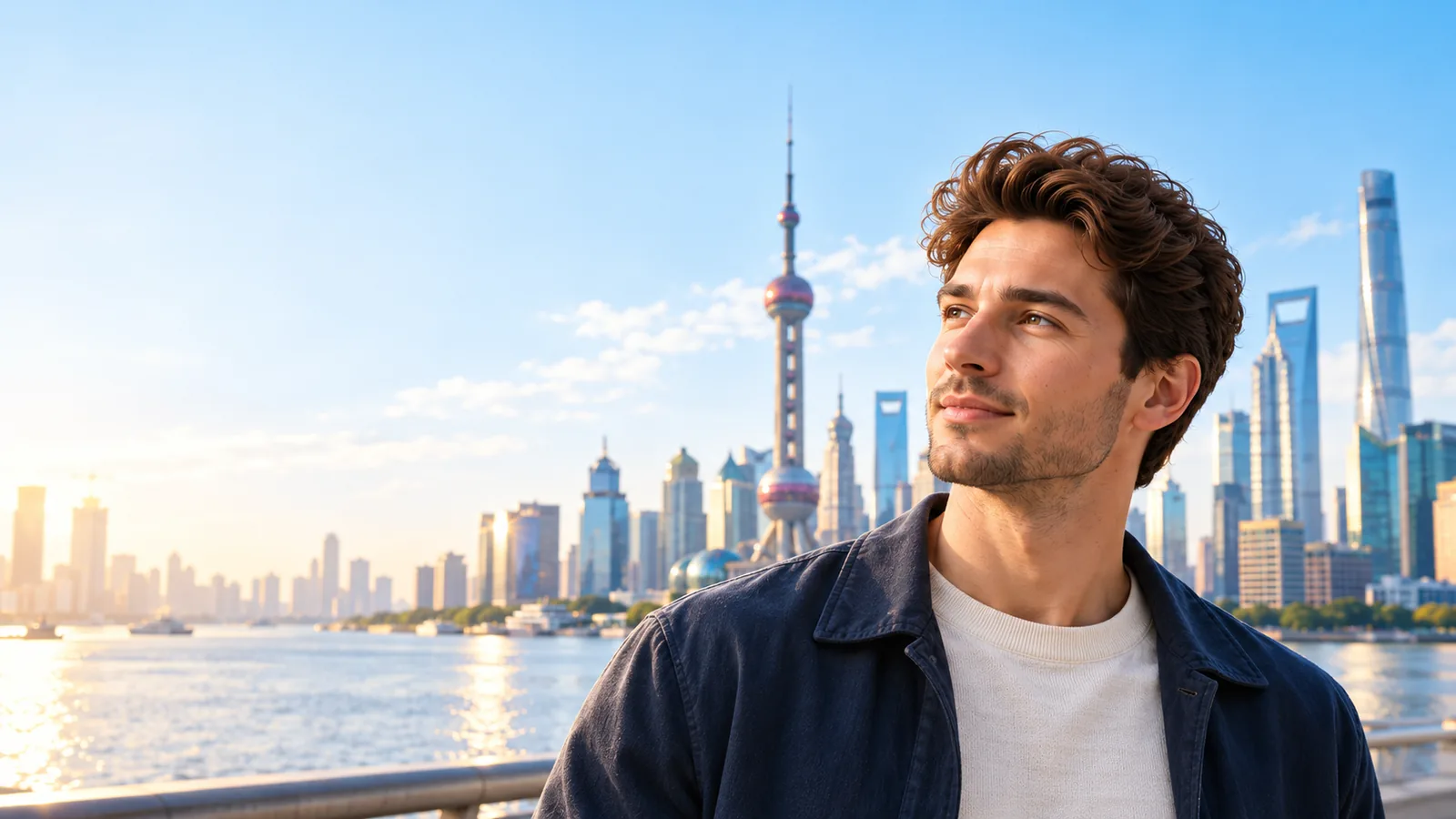 Illustrative portrait of an international visitor by the Shanghai skyline