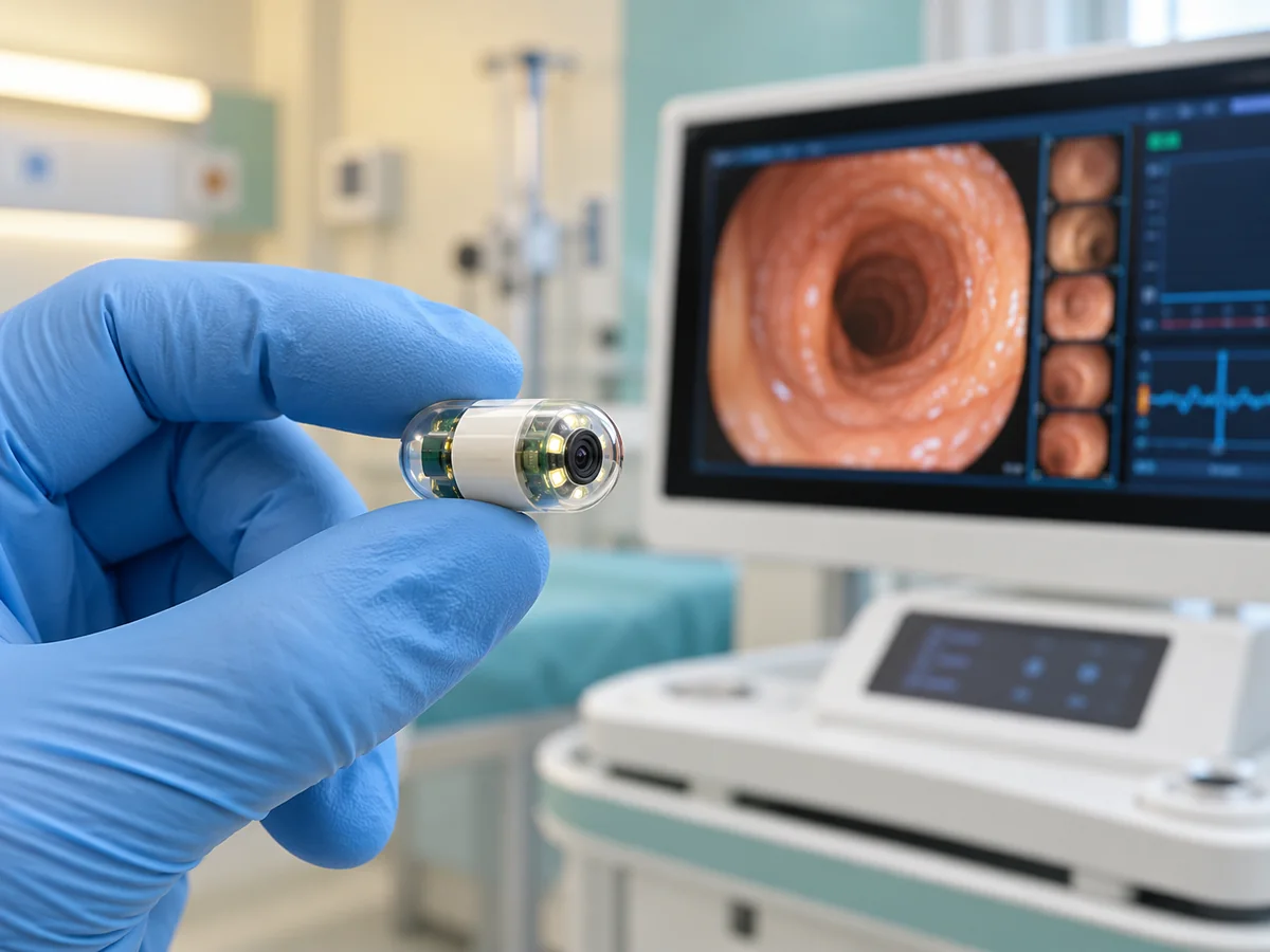 Illustrative capsule endoscopy camera held by a clinician