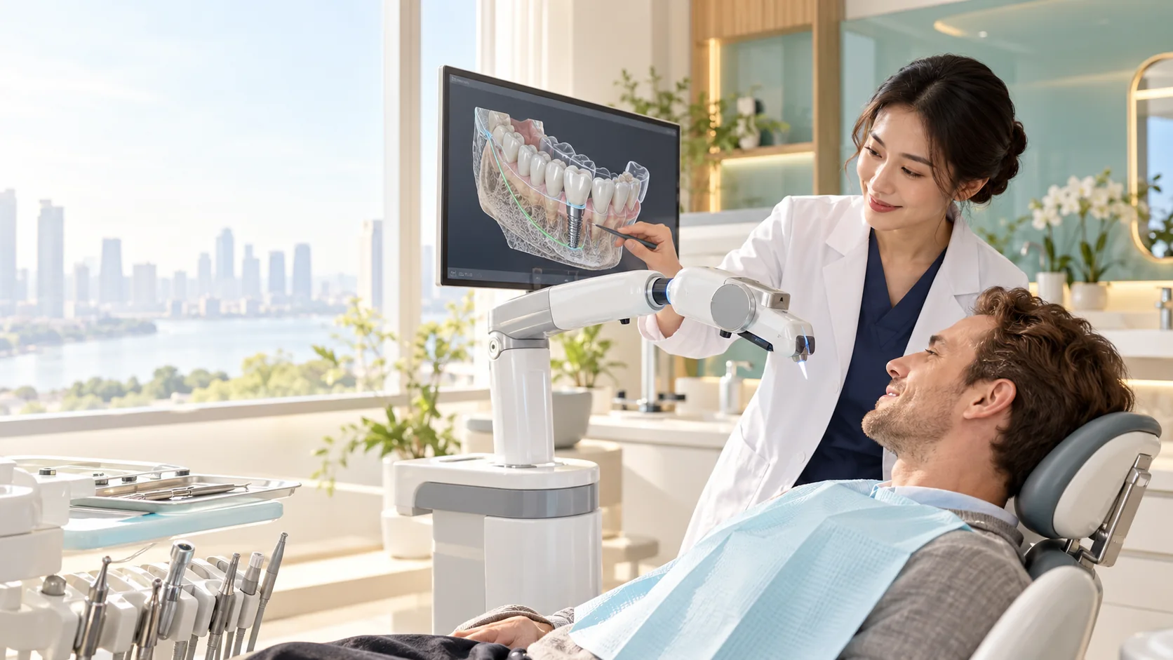 Illustrative robot-assisted dental planning in a modern clinic
